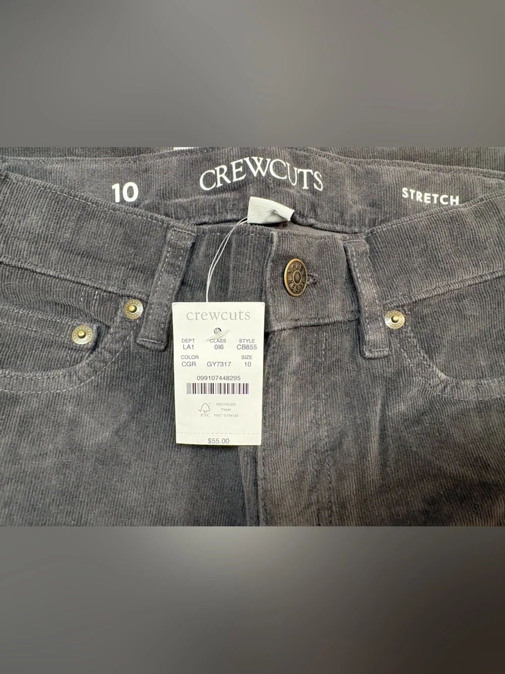 Crewcuts by J. Crew gray corduroy stretch pants- size 10- NWT
